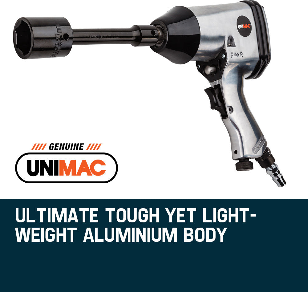 An UNIMAC Air Impact Wrench Kit 17pc 1/2 Rattle Gun Set Socket Pneumatic Metric featuring an air impact wrench with a shiny metallic body and black handle is displayed alongside nine different-sized black socket attachments and a clear, cylindrical accessory with a brass fitting.