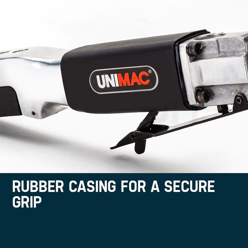 A UNIMAC Pneumatic Reciprocating Hack Saw Air Cut Off Metal Blade Body Tool with a black and metallic silver body. The tool features a blade extending from one end and a black grip handle. The brand name "UNIMAC" is printed in red and white on the side. With adjustable cutting speeds, the saw's air inlet is visible on the opposite end of the blade.