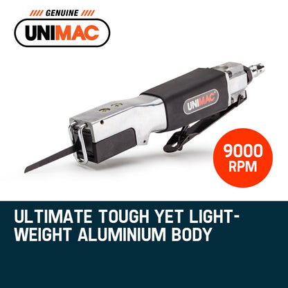 A UNIMAC Pneumatic Reciprocating Hack Saw Air Cut Off Metal Blade Body Tool with a black and metallic silver body. The tool features a blade extending from one end and a black grip handle. The brand name "UNIMAC" is printed in red and white on the side. With adjustable cutting speeds, the saw's air inlet is visible on the opposite end of the blade.