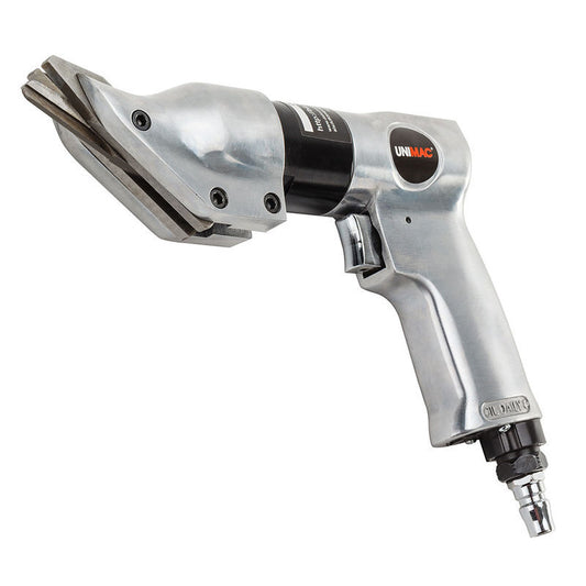 A silver UNIMAC Pneumatic Metal Shears - Air Tin Snips Steel Aluminium Sheet Cutters with a black and orange logo on the side. The tool has a sleek, curved handle and silver cutting blades at the front, boasting a cutting capacity of 1.2mm. An air hose connector is visible at the bottom of the handle.