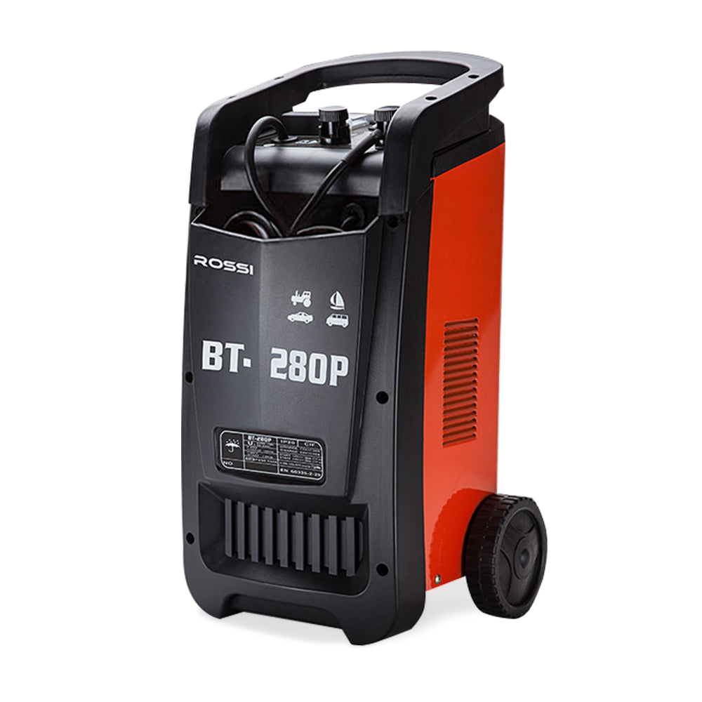 Introducing the ROSSI Car Battery Charger 280A 12v/24v Jump Starter ATV Boat Truck Tractor, a multifunction battery charger. This portable powerhouse boasts 280A cranking amps and features a sleek black and red casing. Designed for convenience, it stands upright on two wheels with a top carrying handle and icons for various vehicle types on its front panel.