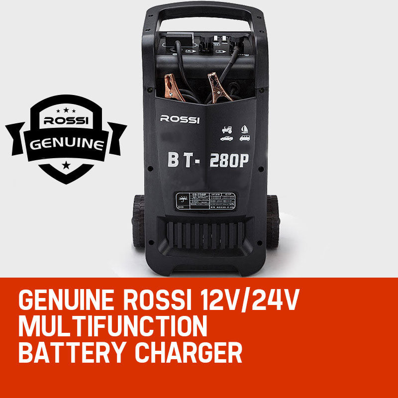 Introducing the ROSSI Car Battery Charger 280A 12v/24v Jump Starter ATV Boat Truck Tractor, a multifunction battery charger. This portable powerhouse boasts 280A cranking amps and features a sleek black and red casing. Designed for convenience, it stands upright on two wheels with a top carrying handle and icons for various vehicle types on its front panel.