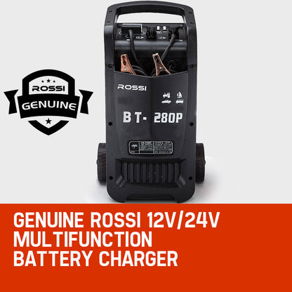 Introducing the ROSSI Car Battery Charger 280A 12v/24v Jump Starter ATV Boat Truck Tractor, a multifunction battery charger. This portable powerhouse boasts 280A cranking amps and features a sleek black and red casing. Designed for convenience, it stands upright on two wheels with a top carrying handle and icons for various vehicle types on its front panel.