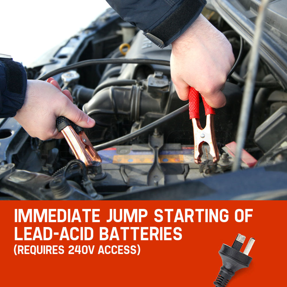 Introducing the ROSSI Car Battery Charger 280A 12v/24v Jump Starter ATV Boat Truck Tractor, a multifunction battery charger. This portable powerhouse boasts 280A cranking amps and features a sleek black and red casing. Designed for convenience, it stands upright on two wheels with a top carrying handle and icons for various vehicle types on its front panel.