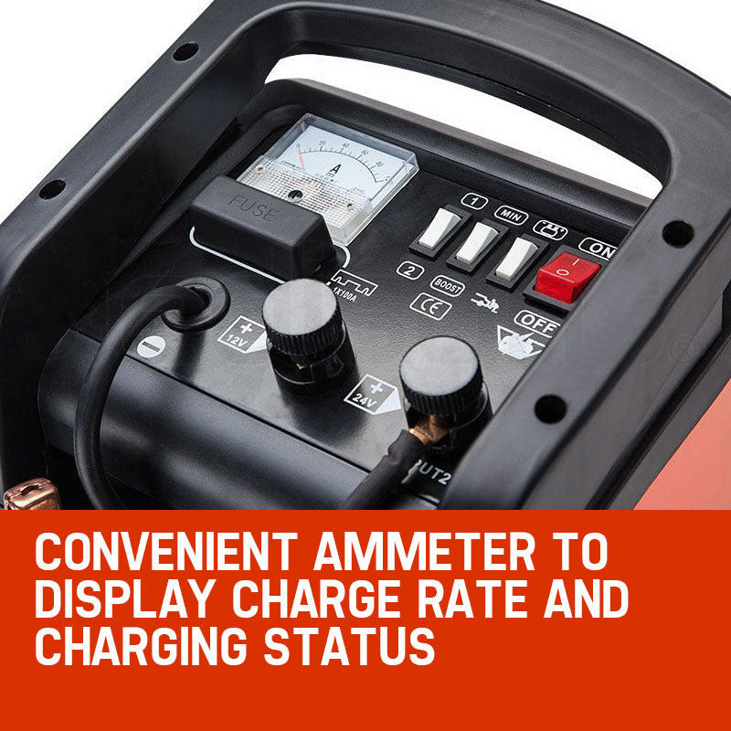 Introducing the ROSSI Car Battery Charger 280A 12v/24v Jump Starter ATV Boat Truck Tractor, a multifunction battery charger. This portable powerhouse boasts 280A cranking amps and features a sleek black and red casing. Designed for convenience, it stands upright on two wheels with a top carrying handle and icons for various vehicle types on its front panel.