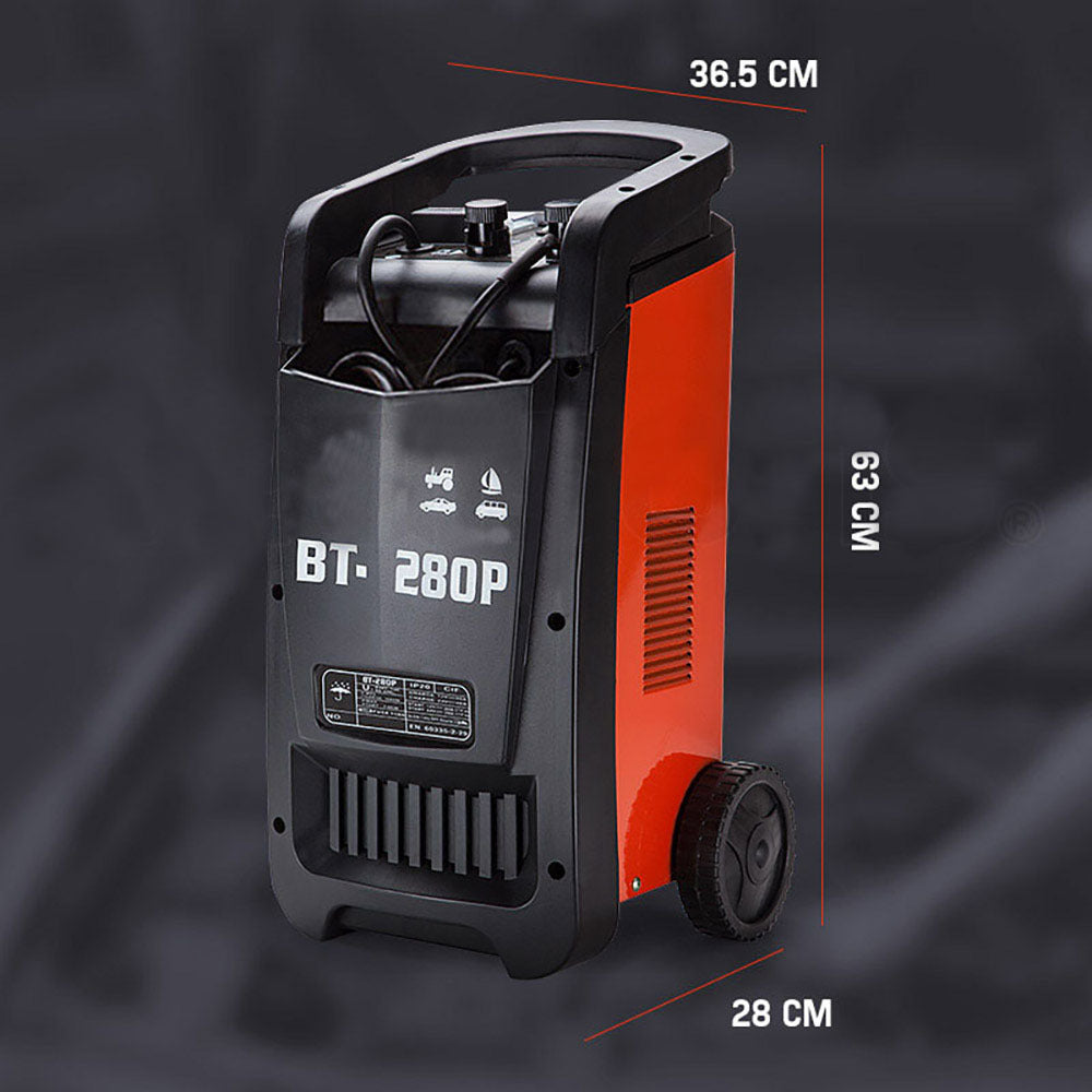 Introducing the ROSSI Car Battery Charger 280A 12v/24v Jump Starter ATV Boat Truck Tractor, a multifunction battery charger. This portable powerhouse boasts 280A cranking amps and features a sleek black and red casing. Designed for convenience, it stands upright on two wheels with a top carrying handle and icons for various vehicle types on its front panel.