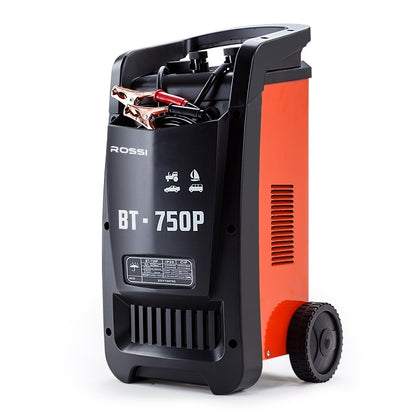 The heavy-duty ROSSI Car Battery Charger 750A 12v/24v Jump Starter ATV Boat Truck Tractor features a robust black and red casing. Equipped with a handle on top, a set of jumper cables, and wheels for mobility, this model is part of the reliable 750P Series II.