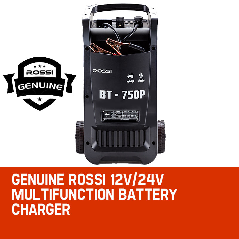 The heavy-duty ROSSI Car Battery Charger 750A 12v/24v Jump Starter ATV Boat Truck Tractor features a robust black and red casing. Equipped with a handle on top, a set of jumper cables, and wheels for mobility, this model is part of the reliable 750P Series II.