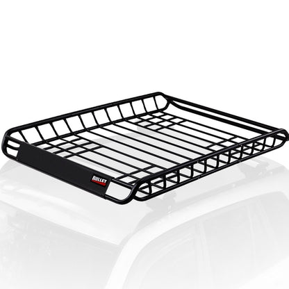 A black metal rooftop cargo basket for vehicles, highlighted with a label reading "BULLET Universal Roof Rack Basket - Car Luggage Carrier Steel Cage Vehicle Cargo." The basket is rectangular, featuring a flat base with evenly spaced bars and raised sides for securing items. It is pictured installed on the roof of a white SUV.