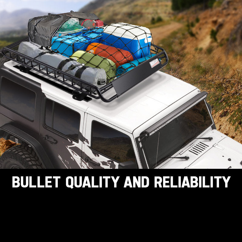 A black metal rooftop cargo basket for vehicles, highlighted with a label reading "BULLET Universal Roof Rack Basket - Car Luggage Carrier Steel Cage Vehicle Cargo." The basket is rectangular, featuring a flat base with evenly spaced bars and raised sides for securing items. It is pictured installed on the roof of a white SUV.