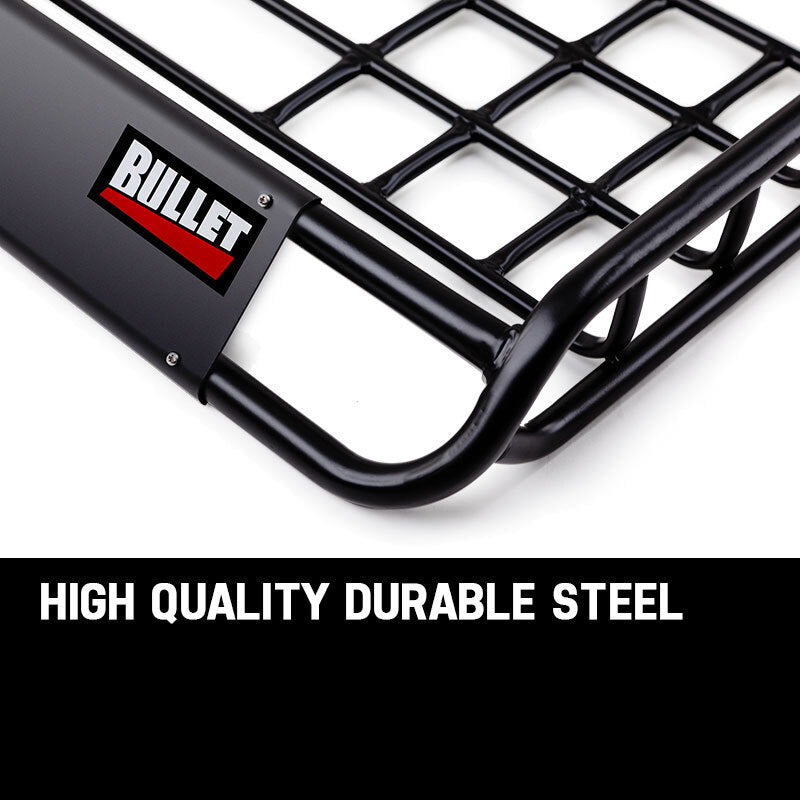 A black metal rooftop cargo basket for vehicles, highlighted with a label reading "BULLET Universal Roof Rack Basket - Car Luggage Carrier Steel Cage Vehicle Cargo." The basket is rectangular, featuring a flat base with evenly spaced bars and raised sides for securing items. It is pictured installed on the roof of a white SUV.