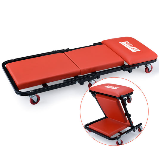 A red and black BULLET Folding Creeper Mechanics Stool Seat Trolley Garage Mechanic Workshop with a foldable design is shown. The main image displays it in its extended flat form for sliding under vehicles, while an inset image shows it folded into a Z-shaped mechanics stool. The creeper has the brand name "BULLET" printed on the headrest.