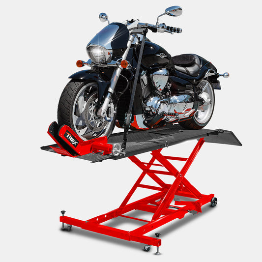 A black motorcycle is secured on a red T-REX Hydraulic Motorcycle Lift Jack Stand Motorbike Bike Lifter Table Bench Hoist. The lift is elevated to showcase the motorcycle, which features chrome detailing and a sleek design. The background is a plain white, emphasizing the motorcycle and the lift.