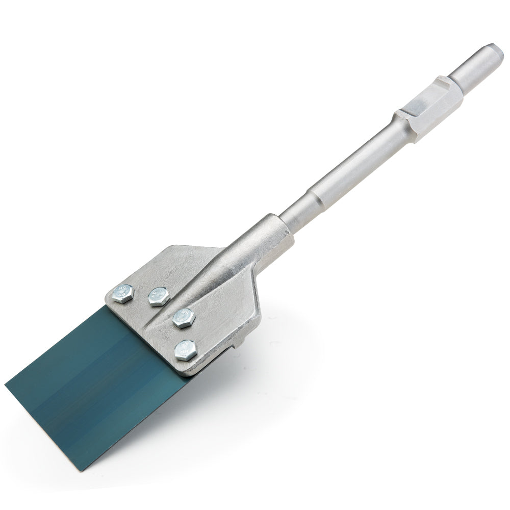 Image of a tile chisel with a metallic handle and a blue, wide, flat blade attached at the end. The blade is secured with bolts, and the handle has a cylindrical grip, designed for use with a power tool like BAUMR-AG Jack Hammer Chisel Bit 30mm Hex Accessories Floor Scraper Tile Lifter for efficient tile removal.