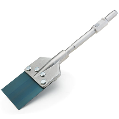 Image of a tile chisel with a metallic handle and a blue, wide, flat blade attached at the end. The blade is secured with bolts, and the handle has a cylindrical grip, designed for use with a power tool like BAUMR-AG Jack Hammer Chisel Bit 30mm Hex Accessories Floor Scraper Tile Lifter for efficient tile removal.