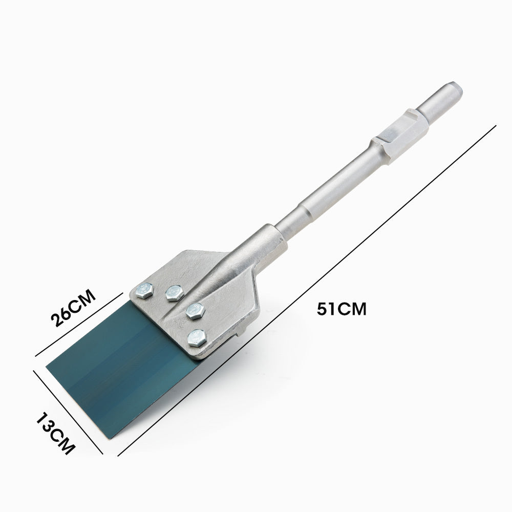 Image of a tile chisel with a metallic handle and a blue, wide, flat blade attached at the end. The blade is secured with bolts, and the handle has a cylindrical grip, designed for use with a power tool like BAUMR-AG Jack Hammer Chisel Bit 30mm Hex Accessories Floor Scraper Tile Lifter for efficient tile removal.