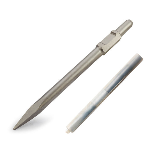 A Baumr-AG 30mm Moil Point Jack Hammer Chisel Bit with a pointed tip and cylindrical handle is displayed next to a rolled-up piece of translucent paper or plastic packaging. The items are shown against a plain white background.