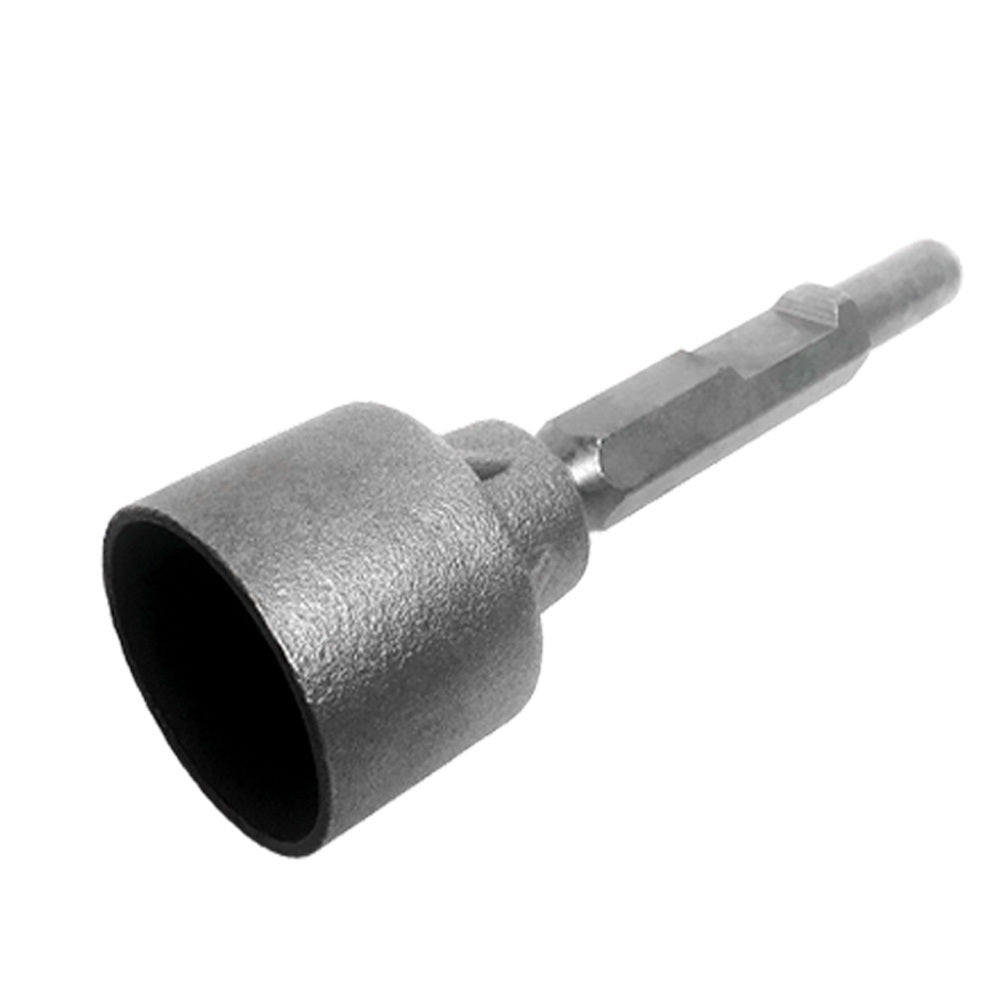 A BAUMR-AG Jack Hammer Star Picket Stake Post Driver Chisel Jackhammer Bit featuring a hexagonal shank and a wide, conical cutting head. The head has a cylindrical opening, suitable for various drilling applications in construction or DIY projects, including working on concrete floors. The bit is silver and made of durable material.