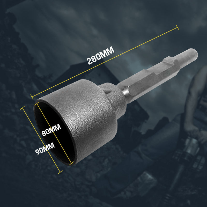 A BAUMR-AG Jack Hammer Star Picket Stake Post Driver Chisel Jackhammer Bit featuring a hexagonal shank and a wide, conical cutting head. The head has a cylindrical opening, suitable for various drilling applications in construction or DIY projects, including working on concrete floors. The bit is silver and made of durable material.