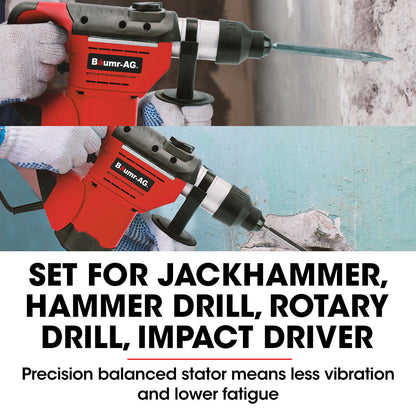 A red and black electric Baumr-AG 1500W Pro-Grade Electric Rotary Jackhammer Hammer Drill, with 2 Bonus Chisels, 3 Drill Bits is positioned atop a black carrying case. A flat chisel bit lies next to the jackhammer, ready for use. This powerful tool features a side handle for additional grip and control.