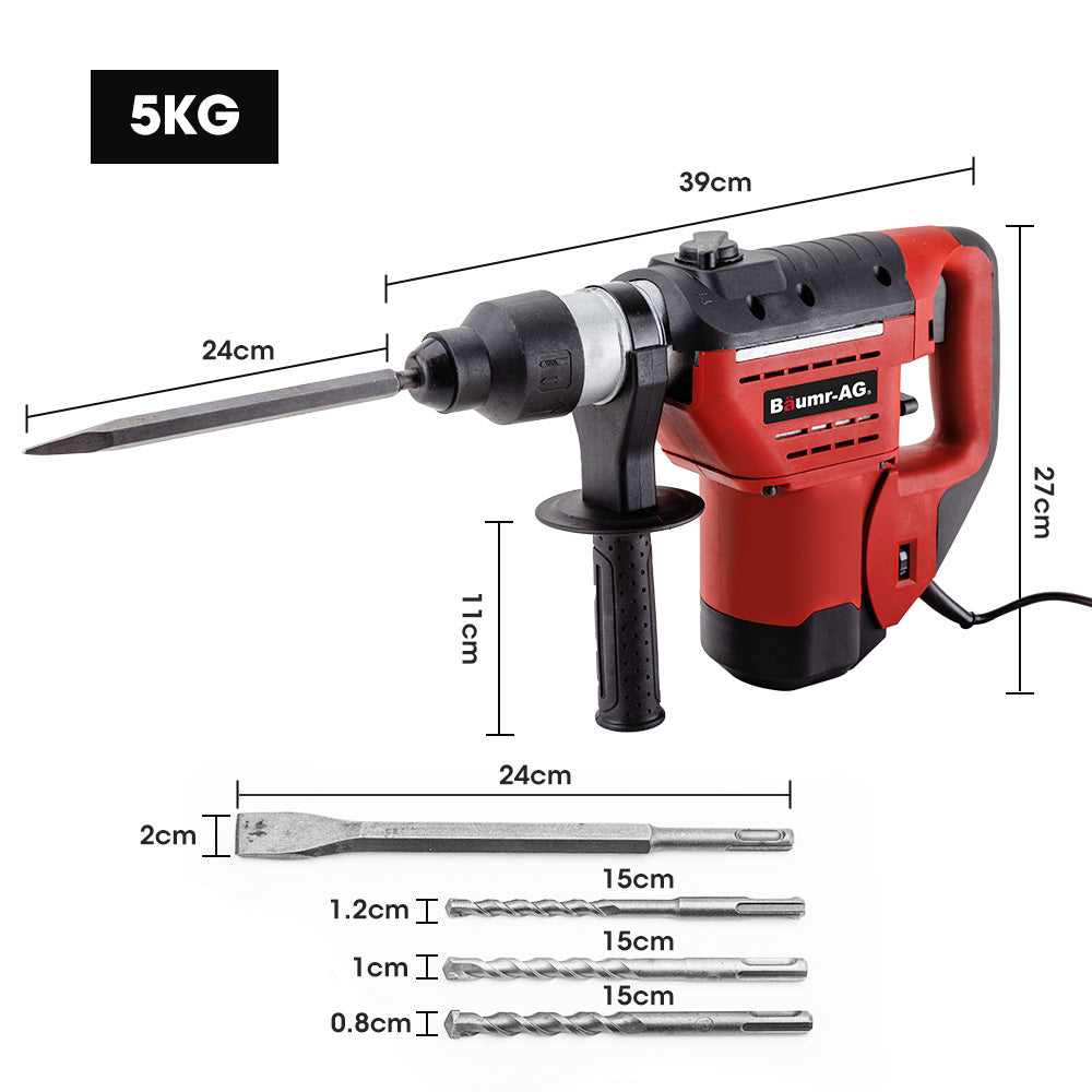 A red and black electric Baumr-AG 1500W Pro-Grade Electric Rotary Jackhammer Hammer Drill, with 2 Bonus Chisels, 3 Drill Bits is positioned atop a black carrying case. A flat chisel bit lies next to the jackhammer, ready for use. This powerful tool features a side handle for additional grip and control.