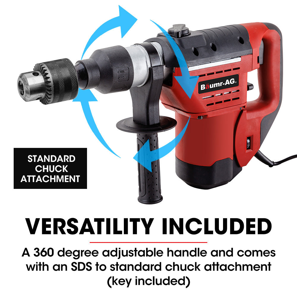 A red and black electric Baumr-AG 1500W Pro-Grade Electric Rotary Jackhammer Hammer Drill, with 2 Bonus Chisels, 3 Drill Bits is positioned atop a black carrying case. A flat chisel bit lies next to the jackhammer, ready for use. This powerful tool features a side handle for additional grip and control.