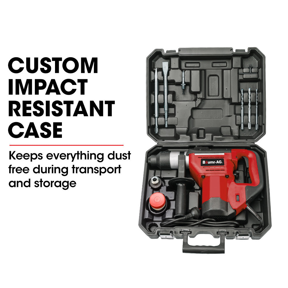 A red and black electric Baumr-AG 1500W Pro-Grade Electric Rotary Jackhammer Hammer Drill, with 2 Bonus Chisels, 3 Drill Bits is positioned atop a black carrying case. A flat chisel bit lies next to the jackhammer, ready for use. This powerful tool features a side handle for additional grip and control.