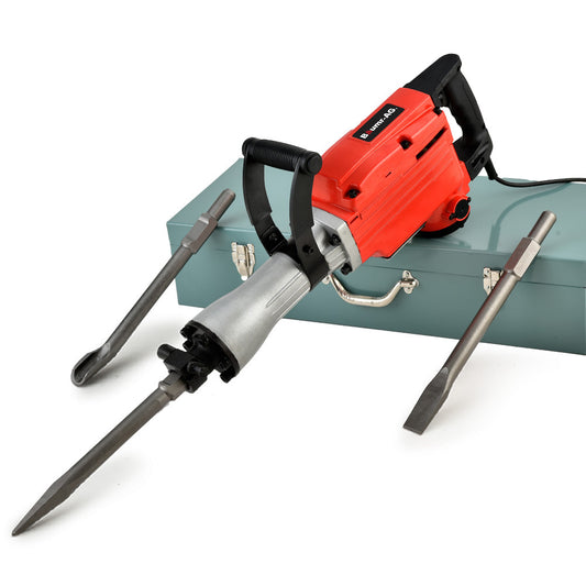 A red and silver Baumr-AG 2200W Pro-Grade Electric Demolition Jackhammer, with 3 Bonus Chisels, Steel Carry Case is placed on top of a light green metal toolbox. The jackhammer features a black handle and power cord, with three additional bits positioned around the commercial grade tool and toolbox.