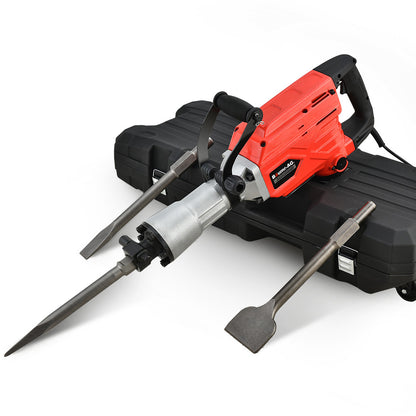 A heavy-duty Baumr-AG 2300W Pro-Grade Electric Demolition Jackhammer, with 3 Bonus Chisels, Carry Case in red and black with a silver metal bit holder is depicted. Resting on a black carrying case, it includes two chisels - one pointy and one flat. This 2300W demolition tool is equipped with a black handle for grip, making it perfect for any commercial grade task.