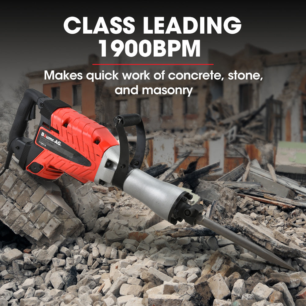 A red and black Baumr-AG 2400W Pro-Grade Electric Demolition Jackhammer, with 3 Bonus Chisels, Carry Case with a metallic chisel attachment is placed on a black carrying case. Two additional chisel attachments, one pointed and one flat, lie on either side of the Baumr-AG 2400W Pro-Grade Electric Demolition Jackhammer, with 3 Bonus Chisels, Carry Case.
