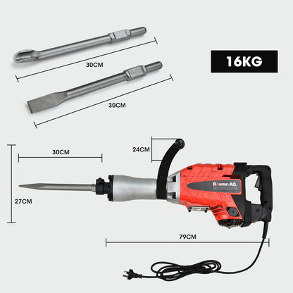 A red and black Baumr-AG 2400W Pro-Grade Electric Demolition Jackhammer, with 3 Bonus Chisels, Carry Case with a metallic chisel attachment is placed on a black carrying case. Two additional chisel attachments, one pointed and one flat, lie on either side of the Baumr-AG 2400W Pro-Grade Electric Demolition Jackhammer, with 3 Bonus Chisels, Carry Case.
