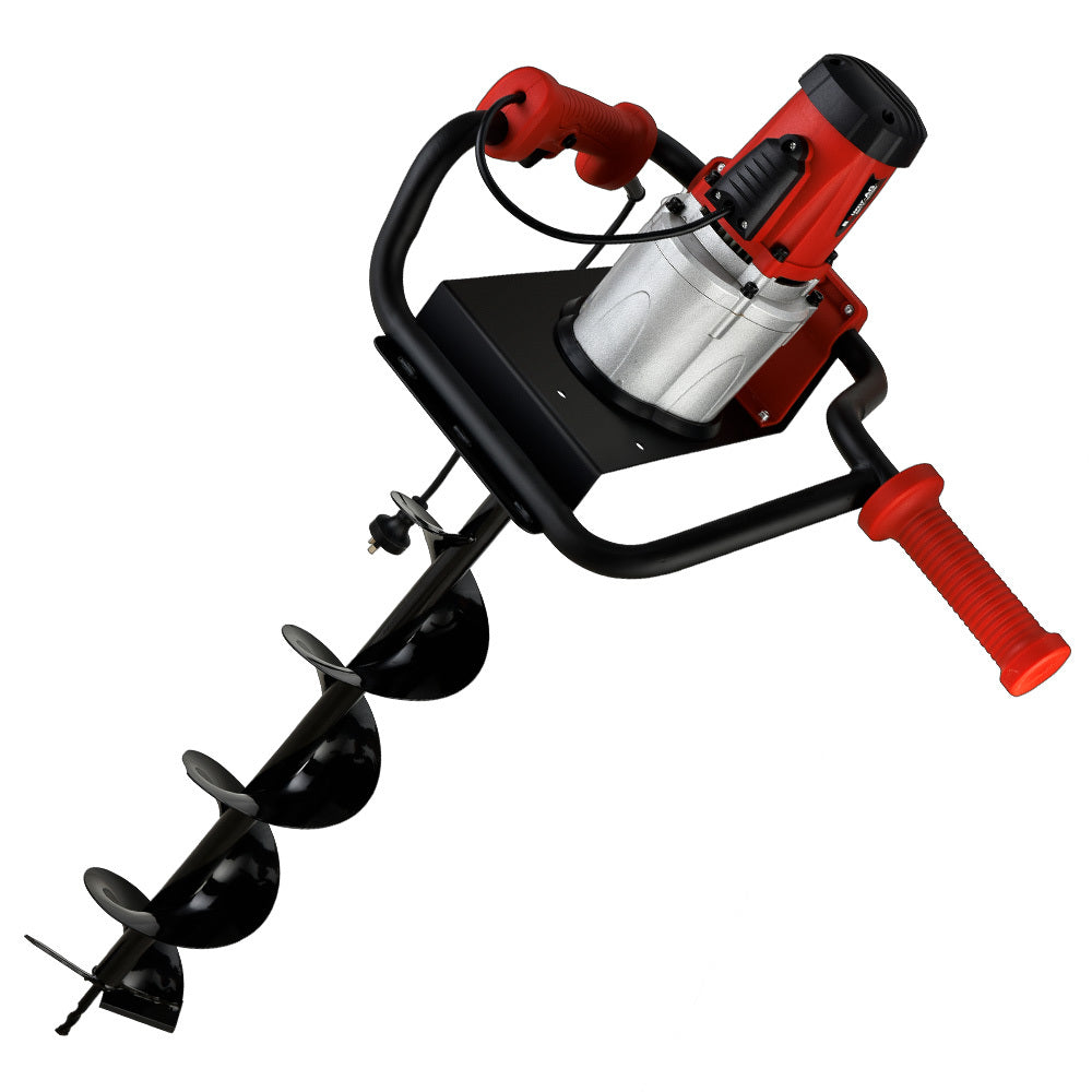 An electric ice auger with a red and black motorized handle, featuring ergonomic grips and a 1500W Baumr-AG 1500W Electric Post Hole Auger Digger attachment with helical blades designed for boring holes in ice.