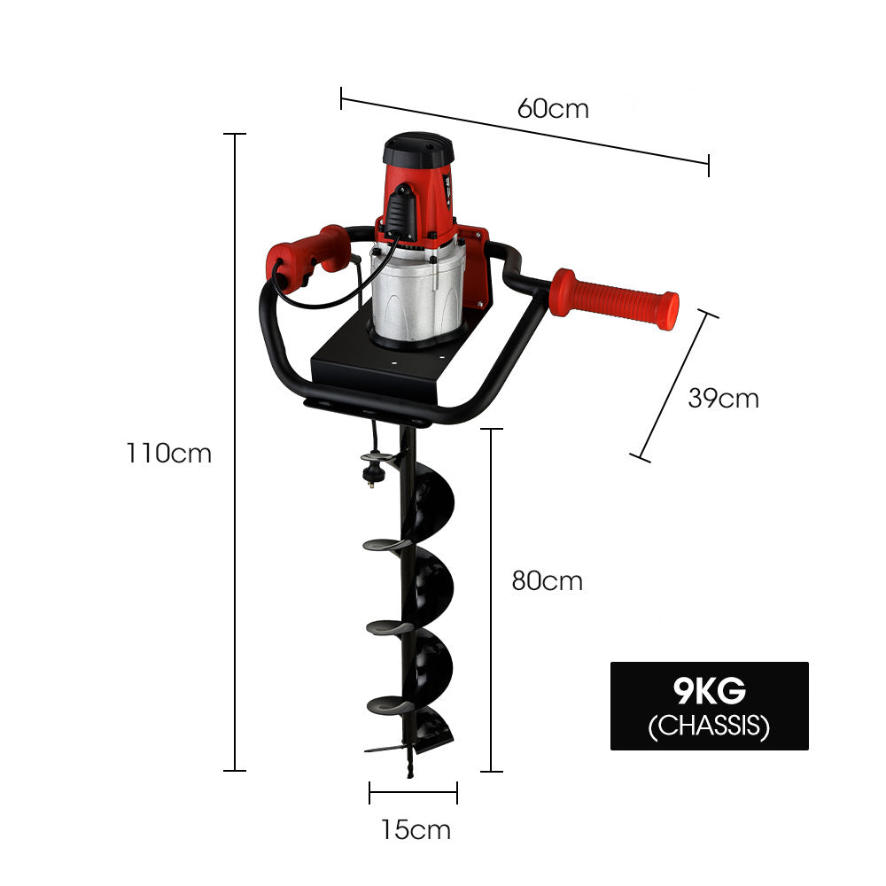 An electric ice auger with a red and black motorized handle, featuring ergonomic grips and a 1500W Baumr-AG 1500W Electric Post Hole Auger Digger attachment with helical blades designed for boring holes in ice.