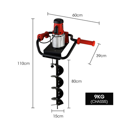 An electric ice auger with a red and black motorized handle, featuring ergonomic grips and a 1500W Baumr-AG 1500W Electric Post Hole Auger Digger attachment with helical blades designed for boring holes in ice.