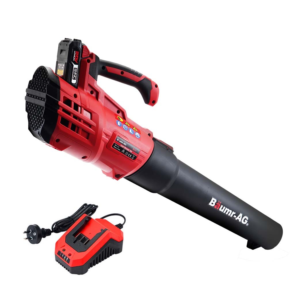 A red and black battery-powered, cordless leaf blower with an ergonomic design, branded "Baumr-AG 20V Lithium Cordless Leaf Blower Electric Hand-held Garden Tool" on the black nozzle. The set includes a 20V lithium battery pack and a compatible charger. The device features a handle with several control buttons, accompanied by a power cord and plug.