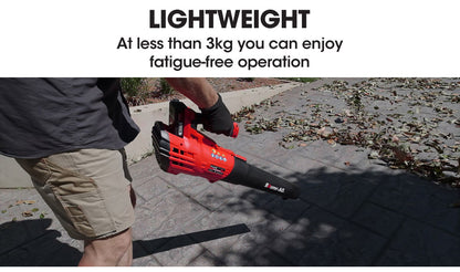 A red and black battery-powered, cordless leaf blower with an ergonomic design, branded "Baumr-AG 20V Lithium Cordless Leaf Blower Electric Hand-held Garden Tool" on the black nozzle. The set includes a 20V lithium battery pack and a compatible charger. The device features a handle with several control buttons, accompanied by a power cord and plug.