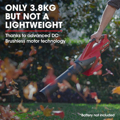 A red and black Baumr-AG 40V Cordless Electric Leaf Blower (Skin Only) with an ergonomic handle, part of the SYNC ULTRA series. This Lithium Leaf Blower features a 40V battery and EB4 model branding. The blower has a long, tapered nozzle designed for efficiently directing airflow.