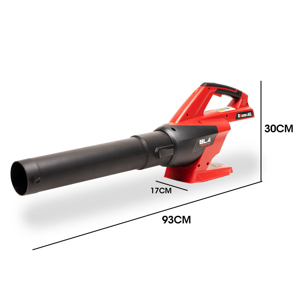 A red and black Baumr-AG 40V Cordless Electric Leaf Blower (Skin Only) with an ergonomic handle, part of the SYNC ULTRA series. This Lithium Leaf Blower features a 40V battery and EB4 model branding. The blower has a long, tapered nozzle designed for efficiently directing airflow.