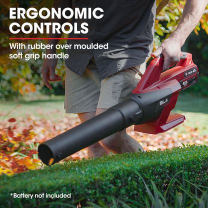 A red and black Baumr-AG 40V Cordless Electric Leaf Blower (Skin Only) with an ergonomic handle, part of the SYNC ULTRA series. This Lithium Leaf Blower features a 40V battery and EB4 model branding. The blower has a long, tapered nozzle designed for efficiently directing airflow.