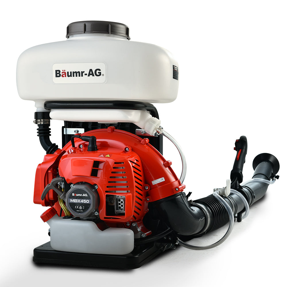 A red and white Baumr-AG Backpack 2-Stroke Petrol Powered Chemical Sprayer Fogger Mister Blower with a black hose. The device features a commercial grade motor, a white 14L chemical tank on top, a red engine in the middle, and a black extended nozzle for blowing. The blower is designed for garden and outdoor maintenance use.