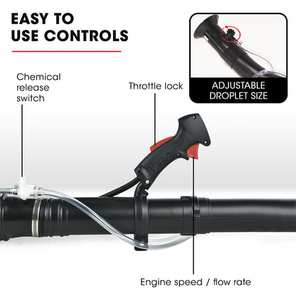 A red and white Baumr-AG Backpack 2-Stroke Petrol Powered Chemical Sprayer Fogger Mister Blower with a black hose. The device features a commercial grade motor, a white 14L chemical tank on top, a red engine in the middle, and a black extended nozzle for blowing. The blower is designed for garden and outdoor maintenance use.