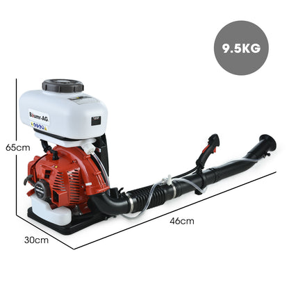 A red and white Baumr-AG Backpack 2-Stroke Petrol Powered Chemical Sprayer Fogger Mister Blower with a black hose. The device features a commercial grade motor, a white 14L chemical tank on top, a red engine in the middle, and a black extended nozzle for blowing. The blower is designed for garden and outdoor maintenance use.