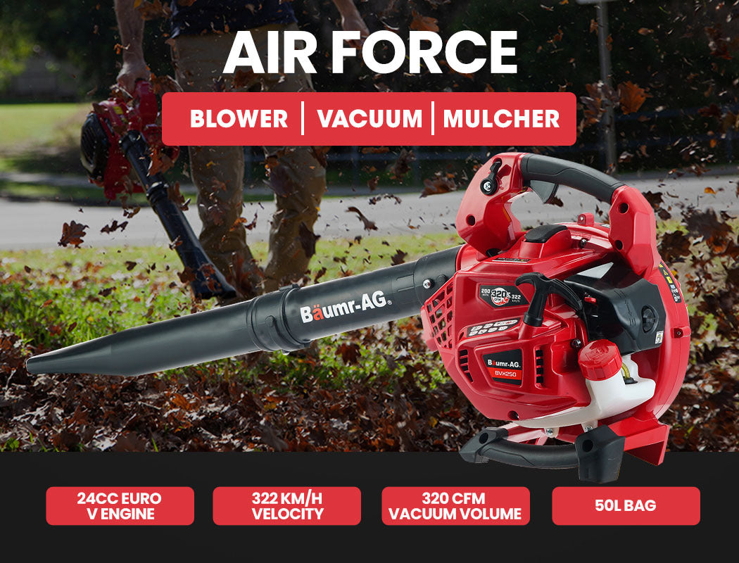 A red and black leaf blower with a large nozzle extension and a handle designed for a handheld grip. The blower, which doubles as a garden vacuum, features the model name "BAUMR-AG Cordless Leaf Blower Vacuum Petrol Hand Garden Lawn Held Vac 2-Stroke" written on the side of the nozzle. It appears to be gas-powered with several buttons and a pull cord for operation.