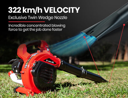 A red and black leaf blower with a large nozzle extension and a handle designed for a handheld grip. The blower, which doubles as a garden vacuum, features the model name "BAUMR-AG Cordless Leaf Blower Vacuum Petrol Hand Garden Lawn Held Vac 2-Stroke" written on the side of the nozzle. It appears to be gas-powered with several buttons and a pull cord for operation.