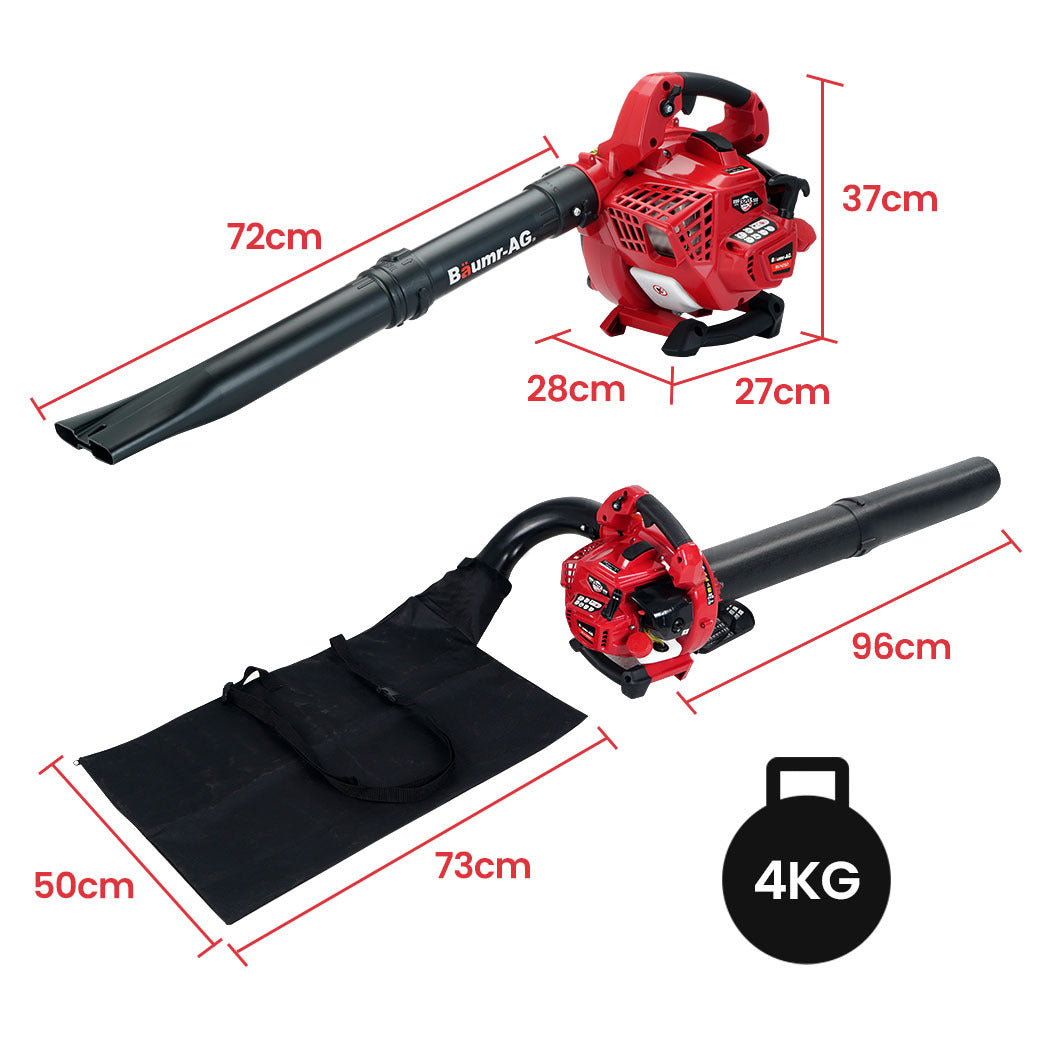 A red and black leaf blower with a large nozzle extension and a handle designed for a handheld grip. The blower, which doubles as a garden vacuum, features the model name "BAUMR-AG Cordless Leaf Blower Vacuum Petrol Hand Garden Lawn Held Vac 2-Stroke" written on the side of the nozzle. It appears to be gas-powered with several buttons and a pull cord for operation.