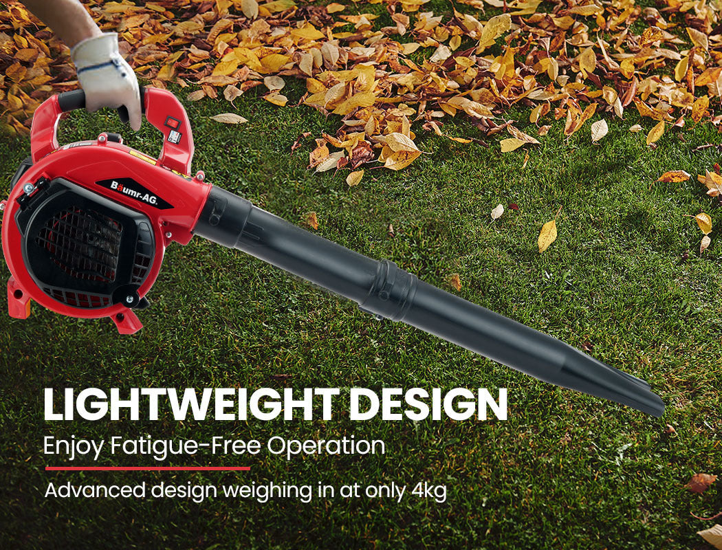 A red and black leaf blower with a large nozzle extension and a handle designed for a handheld grip. The blower, which doubles as a garden vacuum, features the model name "BAUMR-AG Cordless Leaf Blower Vacuum Petrol Hand Garden Lawn Held Vac 2-Stroke" written on the side of the nozzle. It appears to be gas-powered with several buttons and a pull cord for operation.