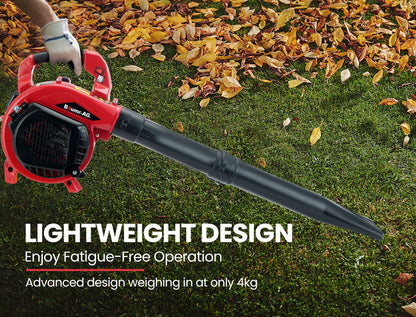 A red and black leaf blower with a large nozzle extension and a handle designed for a handheld grip. The blower, which doubles as a garden vacuum, features the model name "BAUMR-AG Cordless Leaf Blower Vacuum Petrol Hand Garden Lawn Held Vac 2-Stroke" written on the side of the nozzle. It appears to be gas-powered with several buttons and a pull cord for operation.