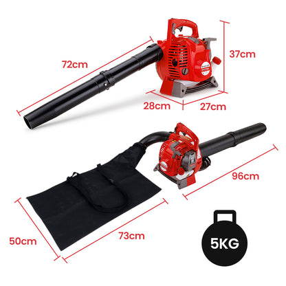 A red "Baumr-AG Petrol Leaf Blower Vacuum 4 Stroke - Vac Garden Commercial Hand Outdoor" with black nozzle and handle features control buttons, a fuel tank, safety labels, and an air vent. This 4-stroke blower boasts a low-emissions engine and stands on a supportive base with a curved design for stability.