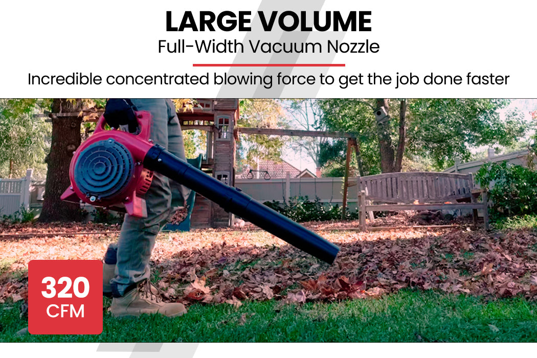 A red "Baumr-AG Petrol Leaf Blower Vacuum 4 Stroke - Vac Garden Commercial Hand Outdoor" with black nozzle and handle features control buttons, a fuel tank, safety labels, and an air vent. This 4-stroke blower boasts a low-emissions engine and stands on a supportive base with a curved design for stability.