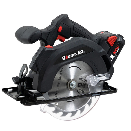 A sleek black cordless circular saw, the BAUMR-AG CS3 20V SYNC Cordless Circular Saw with Battery and Fast Charger Kit, boasts a silver blade with rotation direction markings. It features a robust black handle with a red trigger and a protective guard around the blade, making it an efficient 20V Circular Saw for any cutting tasks.